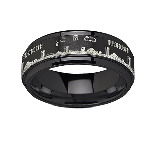 Spinning Engraved Super Mario Bros Pixel Level Game Black Tungsten Carbide Spinner Wedding Band - 8mm - Size 11