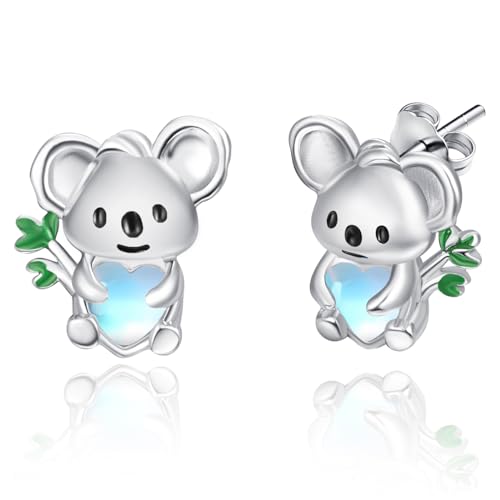 Dreamboat Koala Stud Earrings for Women Girls 925 Sterling Silver Koalas Moonstone Cartoon Animal Jewelry Gifts