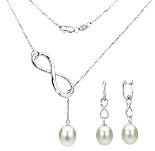 Sterling Silver Infinity Pendant 8.5-9mm Long Shape Freshwater Cultured Pearl and Matching Earrings, 18'