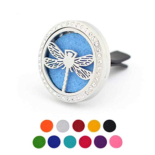 Car Aromatherapy Essential Oil Diffuser Air Freshener Vent Clip, Dragonfly Stainless Steel 30mm Rhinestones Locket, 11 Refill Pads