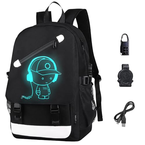 FLYMEI Anime Backpack for Boys, 15.6'' Laptop Backpack with USB Charging Port, Bookbag for School with Anti-Theft Lock, Black Teens Backpack Cool Backpack for Boys, Music Boy