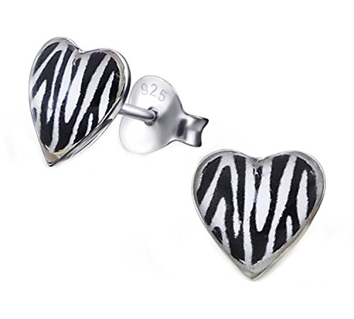 Zebra Print Heart Shape Studs Earrings Small Girls Children 925 Sterling Silver (E19917)