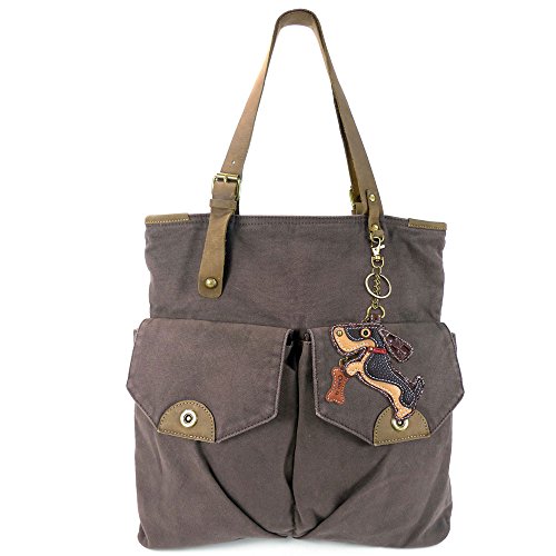 Chala Large Canvas Double Pocket Tote with Leather Strap and CHALA Key-fob - Dark Brown (Wiener Dog)