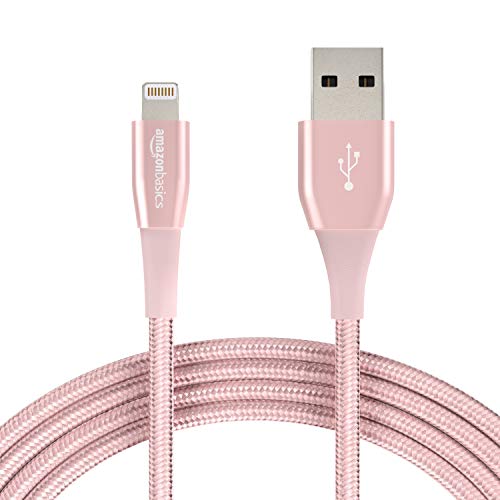 Amazon Basics Double Nylon Braided USB A Cable with Lightning Connector, Premium Collection, MFi Certified Apple iPhone Charger, Rose Gold, 10 Foot