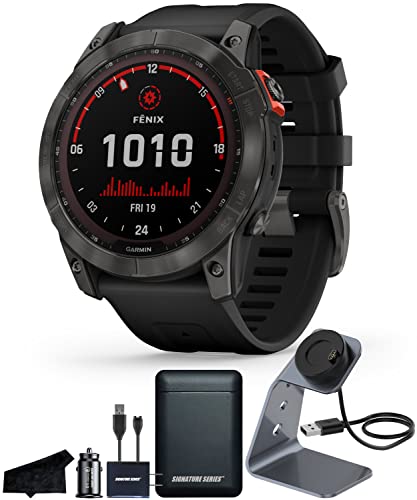 Garmin Fenix 7X Solar Edition, Rugged GPS Adventure Touchscreen Smartwatch, Slate Gray with Black Band | Heart Rate Monitor, Up to 28 Day Battery Life and Signature Series Charging Stand Bundle