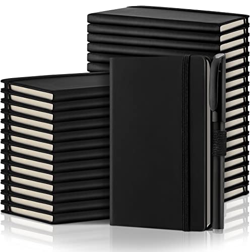 Laumoi 36 Sets Pocket Notebook Journals with Pens A6 Cute Small Journal Notebook Ruled Lined Mini Notepad Hardcover Executive Notebooks Set with Pen Holder for School Office, 3.7 x 5.7 Inch (Black)