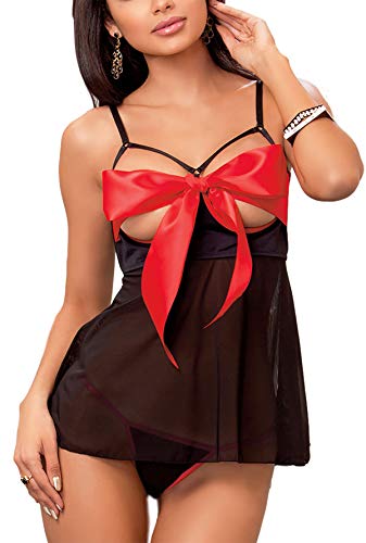 JuicyRose Unwrap Me Babydoll Red Bow Lingerie Set Sleepwear (M, Black)