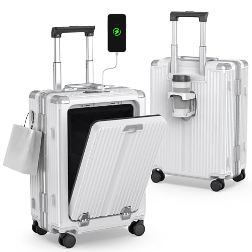 SOMODE Airline Approved Carry On Luggage with Spinner Wheels,Aluminum Framed Carry On Suitcase with Front Open Laptop Compartment/Cup Holder,22×14×9 inch Large Checked-in Luggage(White)