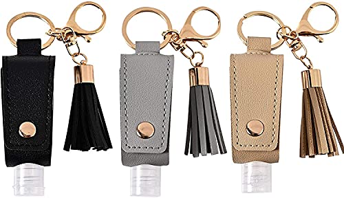Milcraft Portable Empty Travel Bottle Keychain Hand Sanitizer Bottle Holder 3 Pack 1oz / 30ml Small Squeeze Bottle Refillable Containers for Toiletry Shampoo Lotion Soap (Black+Grey+Khaki)