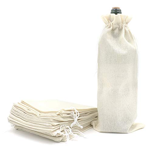 Bezall 10Pcs Burlap Wine Gift Bags, Drawstring Linen Champagne Wine Bottle Bag Christams Wedding Birthday Party Favor Wrap Pouches 13.7 x 5.9 Inches (Cream)