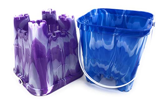 Matty's Toy Stop Beach Gear 7' Plastic Castle Mold Sand Buckets (Pails) Blue Swirl & Purple Swirl Party Set Bundle - 2 Pack