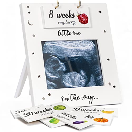 Ultrasound picture Frame, Sonogram Picture Frame with Belly Bump Fruit & Vegetable Signs, Expecting Parents to be Unique Gifts for Pregnant Women, Pregnancy Milestone to Track Baby Grow, White