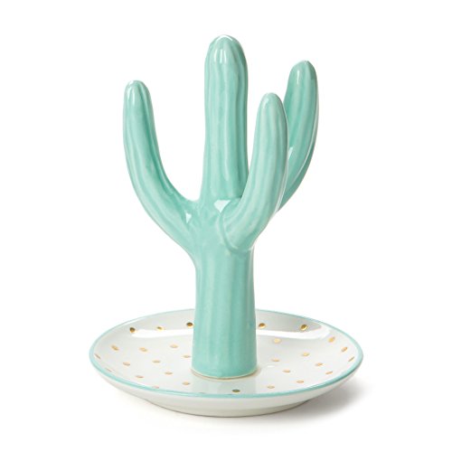 Ceramic Cactus Jewelry Ring Holder: Dish Holder with Cactus Shaped Display Stand for Engagement or Wedding Rings, Earrings and Bracelets - Trinket Tray and Jewelry Holders for Women