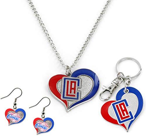 NBA Los Angeles Clippers Swirl Heart Collection Stainless Steel Keychain, Earings and Necklace Gift Bundle
