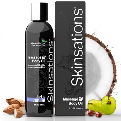 Skinsations - Vanilla Massage Oil for Massage Therapy - 8oz | Silky-Soft Blend of Sweet Almond Oil, Fractionated Coconut Oil, Grape Seed and Jojoba | Scented Body Oil, Gift Ideas