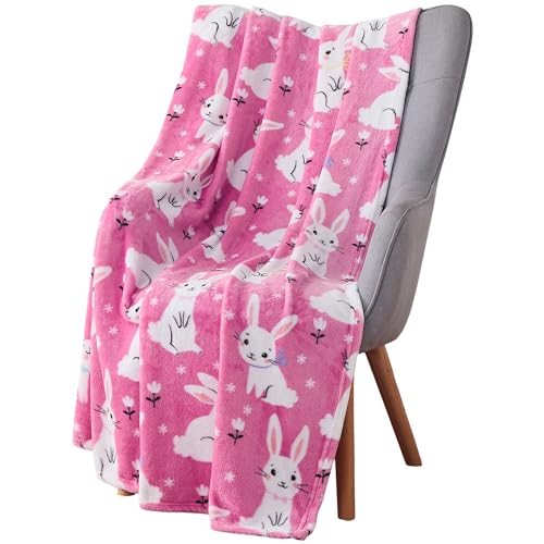 Spring Fleece Throw Blanket: Spring Bunnies and Flowers, Soft Cozy Velvet Fleece, Pink Blue White, 50' x 60' Inch for Girls and Boys (Spring Bunny)