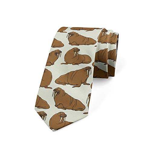 Ambesonne Necktie, Cartoon Walrus Illustration, 3.7', Caramel and Eggshell