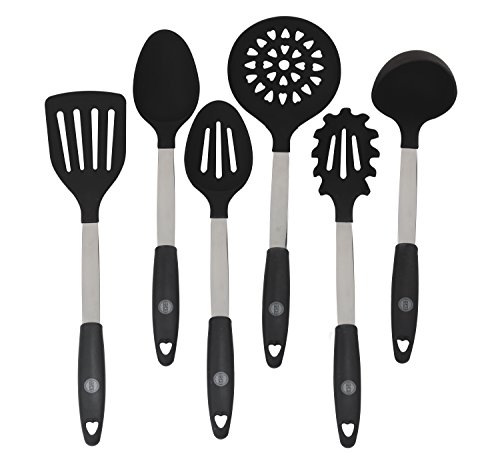 Silicone & Stainless Steel Kitchen Utensil Cooking Set by Oishii Hanging Set - 6 Pieces in Black: Spatula, Mixing & Slotted Spoon, Ladle, Pasta Server, Drainer- Modern Design