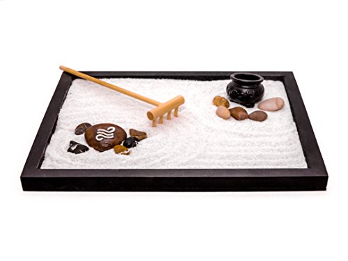 Zen Factory - Deluxe Zen Garden Kit - Best For Your Desktop, Home Or Office - Accessories Include: Wooden Base, Sand, 2 Rakes, Incense Pot & Assortment Of Rocks - Makes A Great Gift