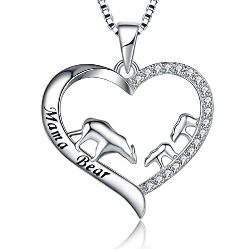 MUATOGIML 925 Sterling Silver Mama Bear Love Heart Pendant Necklace, Mom Daughter Jewelry Gifts, Birthday Gifts for Her