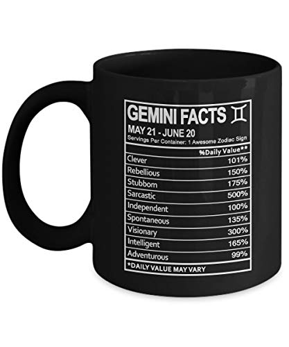 Zodiac Sign Gifts Gemini Nutritional Facts Label Coffee Mug - Zodiac Birthday Gag Gift for Men & Women - Gift Coffee Mug Tea Cup Black 11 Ounce Ceramic