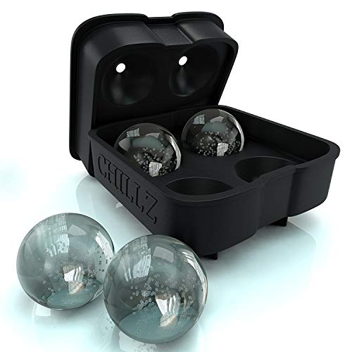 Chillz Ice Ball Maker Mold - Black Flexible Silicone Ice Tray - Molds 4 X 4.5cm Round Ice Ball Spheres