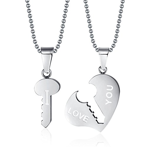 HUANIAN Stainless Steel I Love You Key to Heart Lover Valentine Couple Pendant Necklace,Silver (Steel)