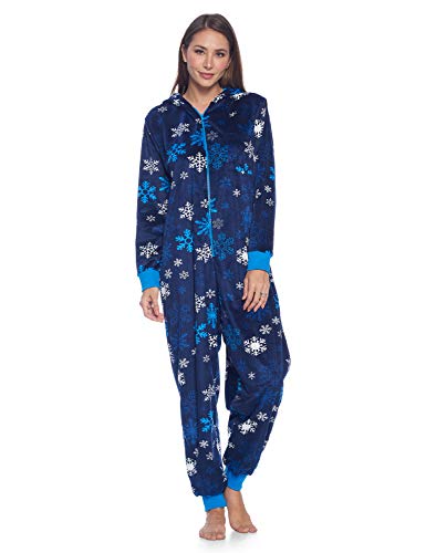 Ashford & Brooks Women's Fleece Hooded One Piece Pajama - Navy Frozen Snowflake - Small