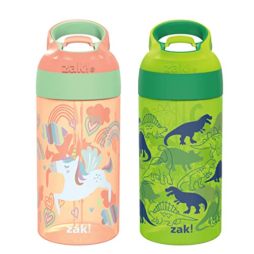 Zak Designs 16oz Riverside Kids Water Bottle with Spout Cover and Built-in Carrying Loop, Made of Durable Plastic, Leak-Proof Water Bottle Design for Travel (Unicorn & Dino Camo, Pack of 2)