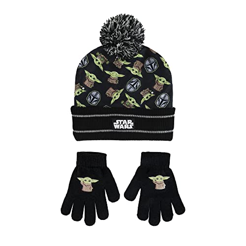 Star Wars Mandalorian Grogu All Over Print Boy's Cuff Beanie & Gloves Set Black