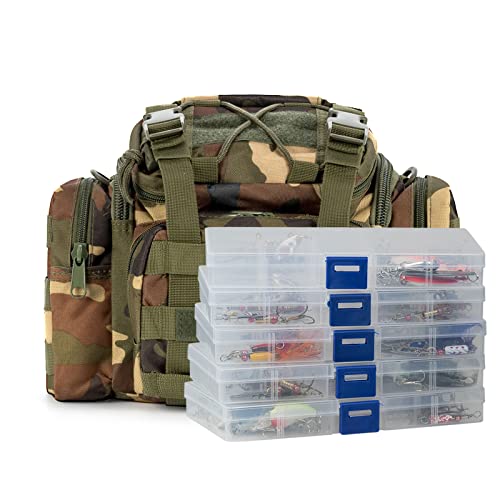 Dr.Fish Fishing Tackle Bag with 5 Boxes Loaded 60 Fishing Lures Crankbaits Spinners Cocktails Shad Swimbiats Forest Camouflage Surf Fishing Freshwater fishing kit