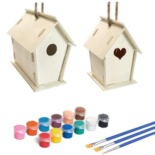 S & E TEACHER'S EDITION Craft DIY Bird House Kit 2 Pack DIY Unfinished Wood Bird House Build and Paint Your Backyard Birdhouse, Art Craft Wood Toys for Kids Girls Boys Includes Paints Brushes