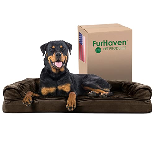 Furhaven Orthopedic Dog Bed for Large Dogs w/ Removable Bolsters & Washable Cover, For Dogs Up to 95 lbs - Plush & Suede Sofa - Espresso, Jumbo/XL