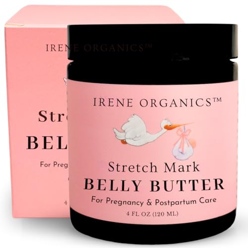 Organic Belly Butter for Pregnancy Stretch Mark Prevention and Treatment by Irene Organics - Award Winning Anti Stretch Mark Tummy Balm For Pregnancy and Postpartum 4oz - Hydrating Bump Cream