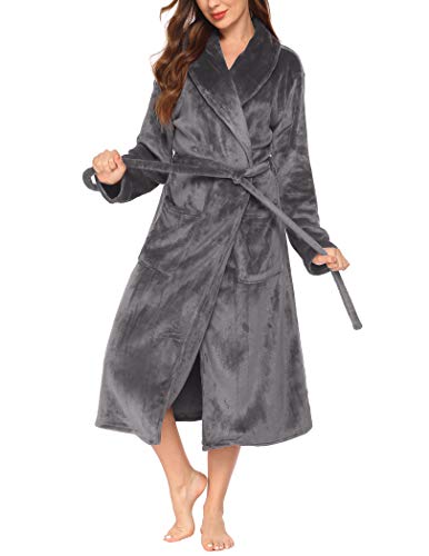 Ekouaer Plush Bathrobe Cotton Robe Long Sleeve Robe for Lady Classic Robe Full Length Sleepwear Soft Bath Gown Comfy Lounge Robe(Dark Grey, Medium)