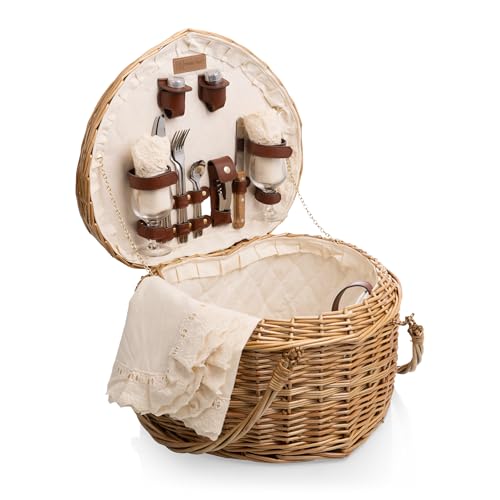 PICNIC TIME Heart Wicker Picnic Basket, 2 Person Set, Couple Gifts, (Antique White)