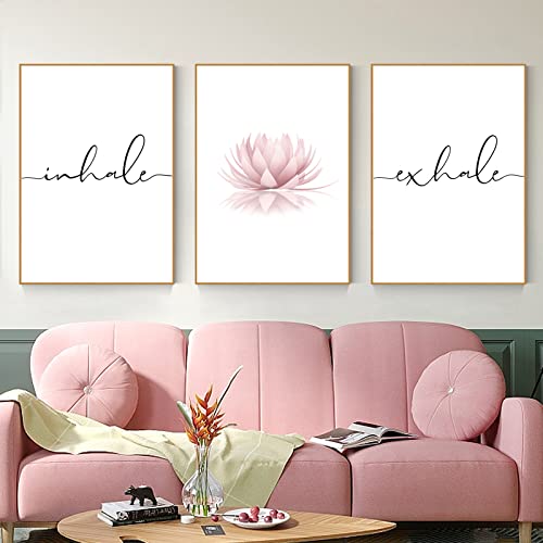 Inhale Exhale Wall Art Decor - Inhale Exhale Canvas Wall Art Zen Pictures Wall Art Yoga Pink Lotus Wall Art Meditation Poster Artwork for Living Room Bedroom 16x24 Inch (set of 3) Unframed