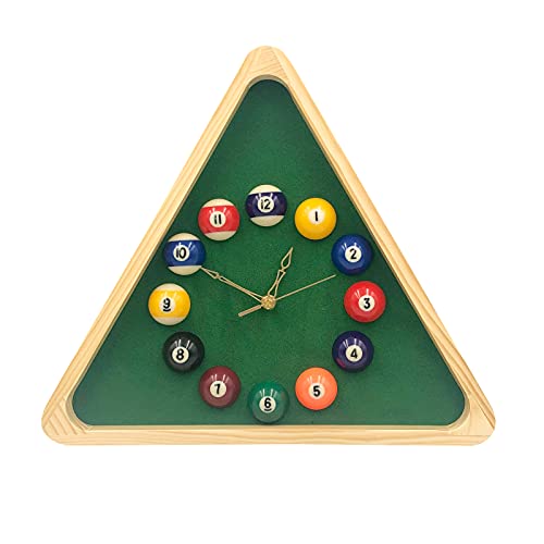 Yuanhe Billiards Pool Ball Clock - 14Inch Triangle Pool Table Cool Wall Clock with Solid Wood Frame,Great for Billiards Room,Pool Room,Game Room,Bar