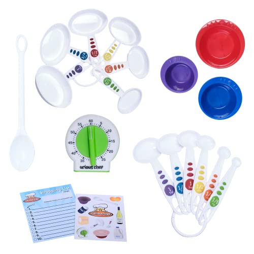 Curious Chef 17-Piece Cookware for Kids, Measure & Prep Kit, Dishwasher Safe Tools, Made with BPA-Free Plastic, Includes Real Utensils - Measuring Cups, Spoons, Bowl Set, Kitchen Timer & More