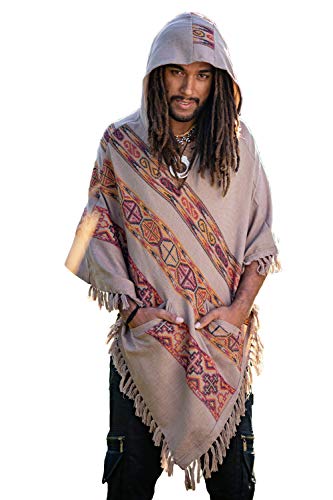 Mens Hooded Poncho Yak Wool Cinnamon Brown with Hood Earthy Tribal Pattern Festival Gypsy AJJAYA Winter Warm Primitive Natural Alternative