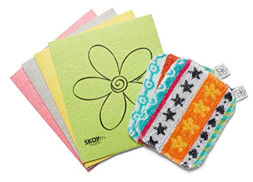 Skoy Bundle, 2-Pack Skoy Scrub, and 4-Pack Skoy Swedish Dishcloth, Reusable Cleaning Products for Kitchen, and Household, Planet-Friendly, Dishwasher Safe Soft Scrub, Assorted Colors