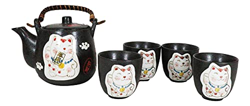 Japanese Design Maneki Neko Lucky Cat Black Ceramic Tea Pot and Cups Set Serves 4 Beautifully Packaged in Gift Box Excellent Home Decor Asian (Black Maneki Neko Set)