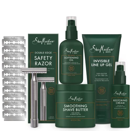 SheaMoisture Shaving Kit for Men - Double Edge Razor + 10 Blades, Pre-Shave Softening Oil, Invisible Line Up Gel, Smoothing Shave Butter, Aftershave Care Restoring Cream, Gifts for Men (5 Piece Set)