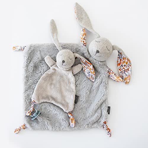 Yuppie Mommy Bonny & Bo Woodlands Bunny Handmade Lovey Security Blanket Gift Set of 2, Baby Boy or Girl — Soft Baby Blankets with Bunny Stuffed Animals with Pacifier Ties Lovies for Newborns or Babies