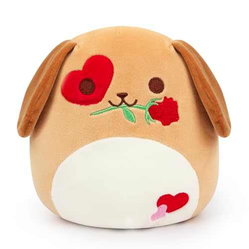 CAGRIKUELI Dog Plush Animal Pillow Toy, Cute Stuffed Dog Plush Scratching Rose, Kawaii Brown Love Dog Plush Doll, Soft Dog Plush Gift for Kids Girlfriend Valentine's Day