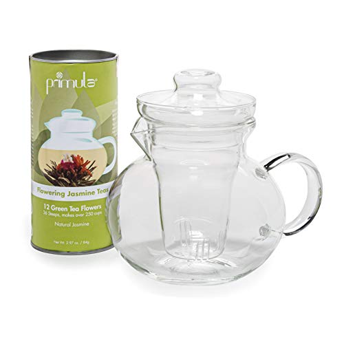 Primula Blossom Borosilicate Glass Teapot Infuser and 12 Blooming, Loose Leaf, Bagged and Flowering Tea, Clear