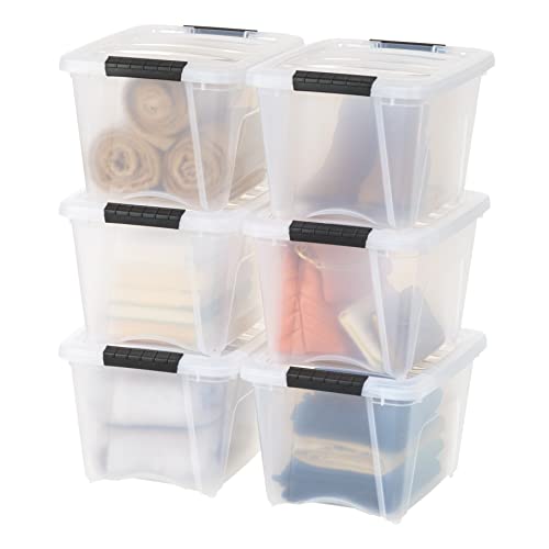 IRIS USA 19 Qt Stackable Plastic Storage Bins with Lids, 6 Pack - BPA-Free, Made in USA - See-Through Organizing Solution, Latches, Durable Nestable Containers, Secure Pull Handle - Clear