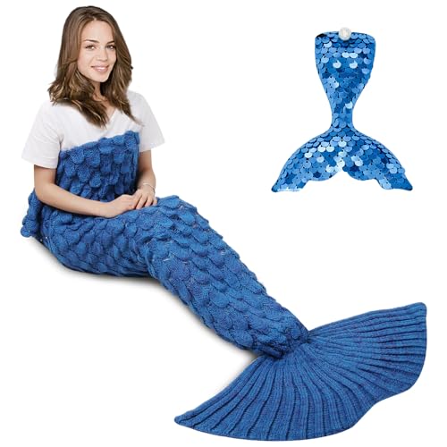 AmyHomie Mermaid Tail Blanket for Adults, Crochet Mermaid Blanket for Women Soft All Seasons Sleeping Blankets for Teen Girls (ScaleBlue,Adults)