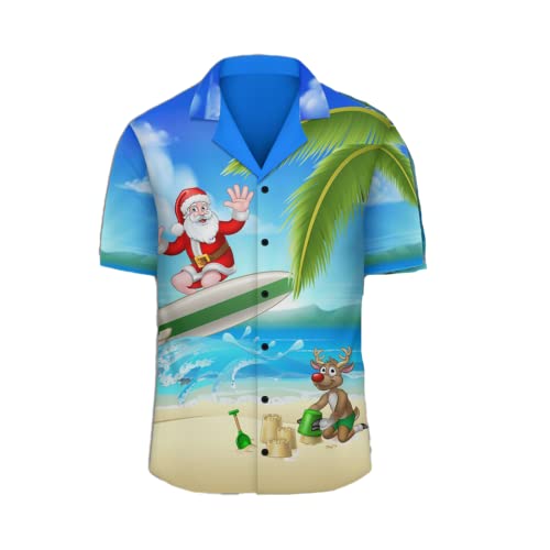 Surfing Santa Claus Men's Hawaiian Shirt - Beach Christmas Short Sleeve Button Down Hawaiian Shirts for Men Women Set 113 Size L
