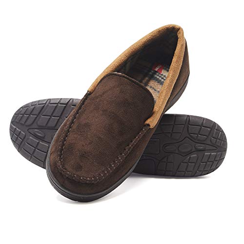 Hanes Mens Moccasin Slipper House Shoe With Indoor Outdoor Memory Foam Sole Fresh IQ Odor Protection , Brown , Medium